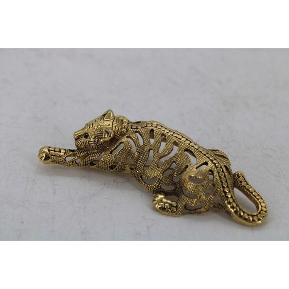 Large Black Stone Gold Tone Metal Crouching Leopard Brooch "3.5in" Wide - Picture 4 of 5